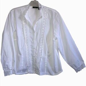 ALLISON MORGAN 1X Solid White 100% Cotton Eyelet Lace Trim Long Sleeve Blouse